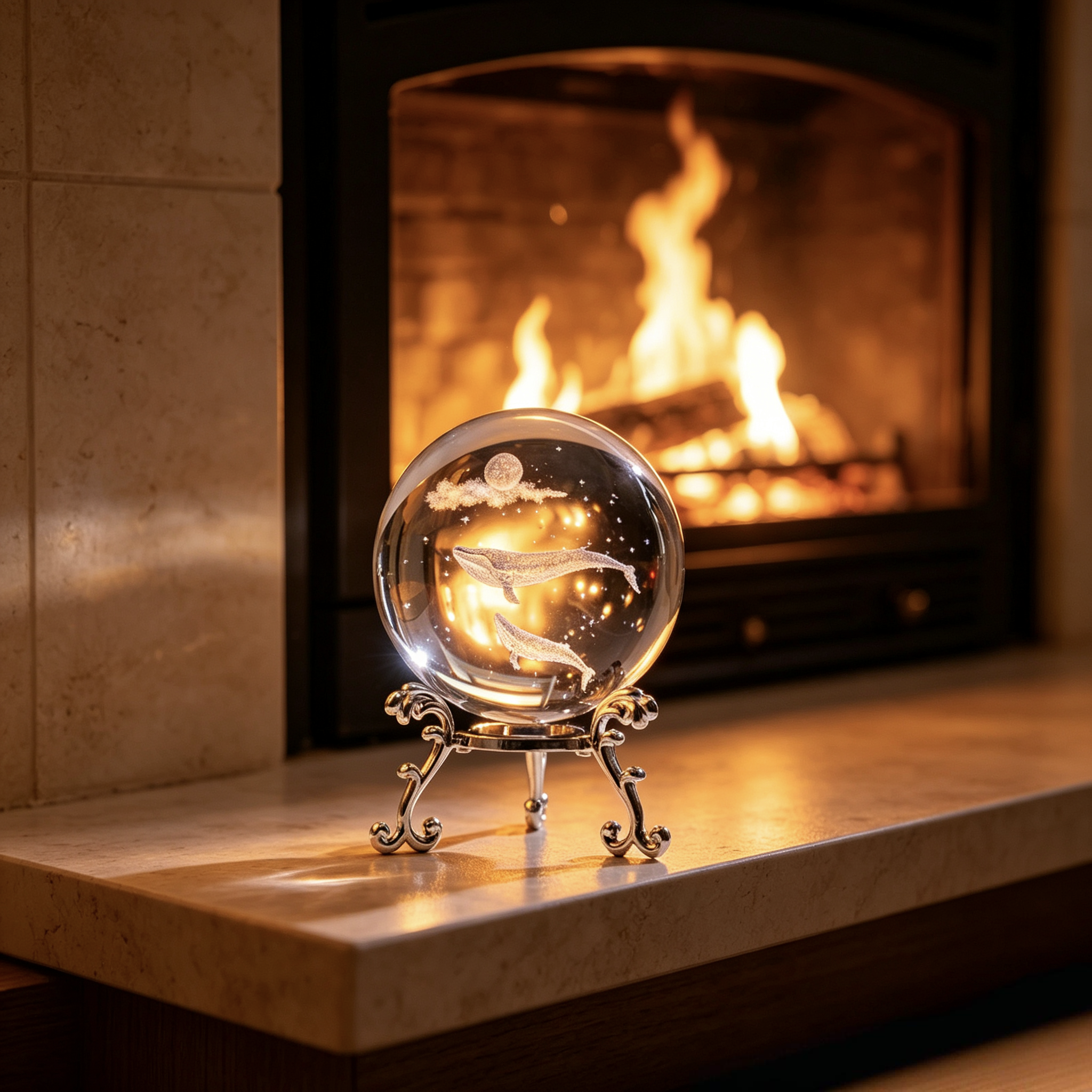 3D Laser Engraved Whale Crystal Ball — Ocean Dream Paperweight with Ornate Silver Stand