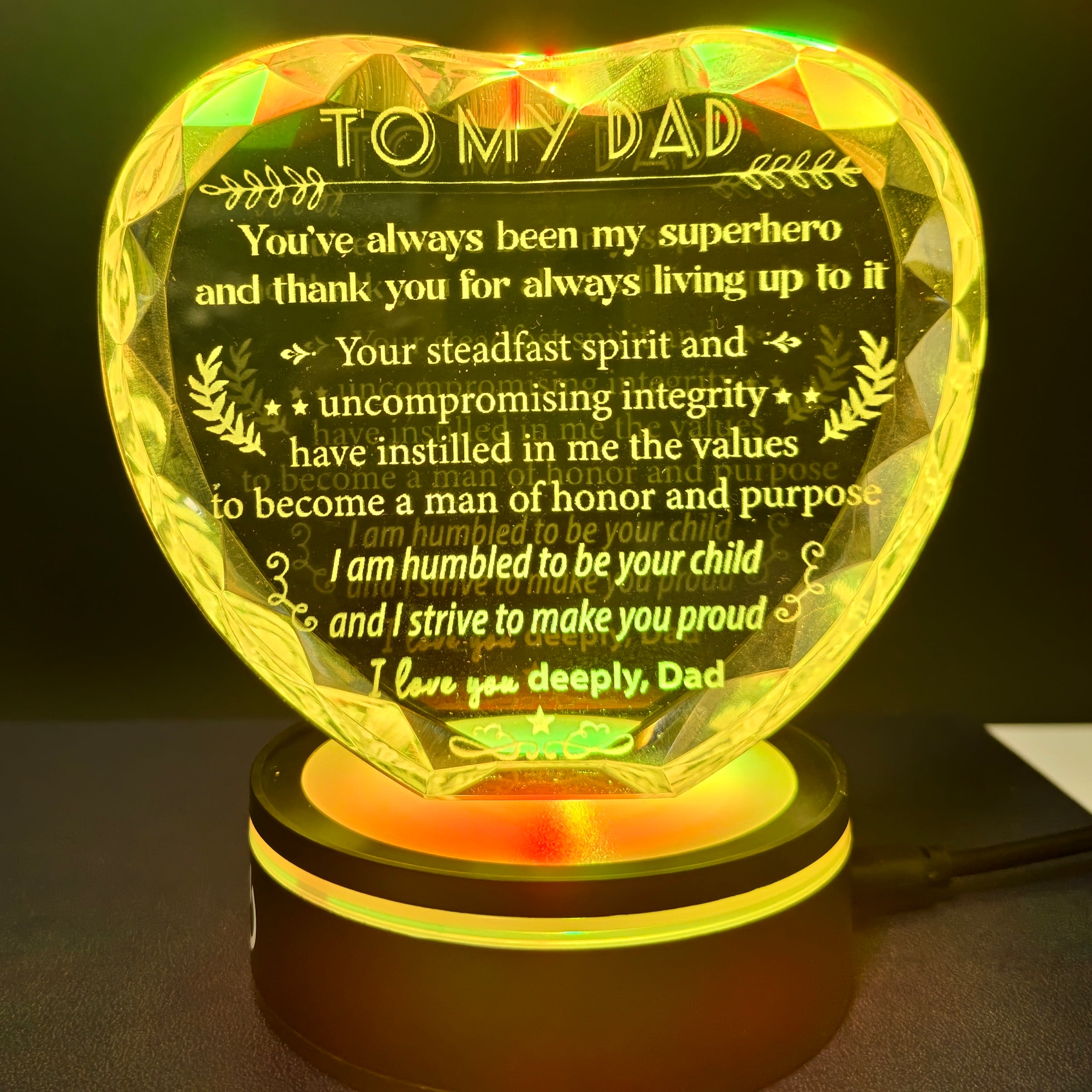 Dad Crystal Heart Keepsake Gift with LED Light Base