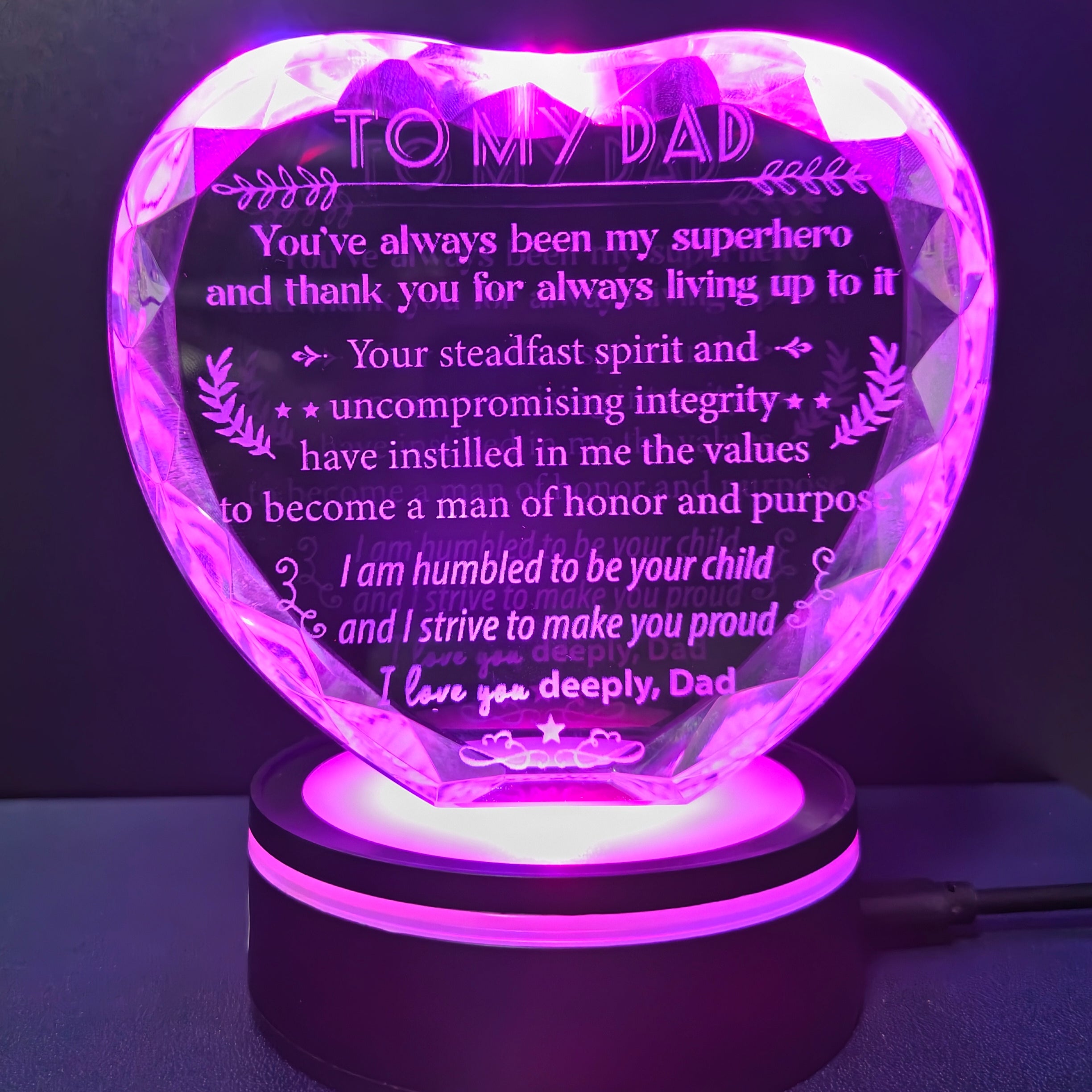 Dad Crystal Heart Keepsake Gift with LED Light Base