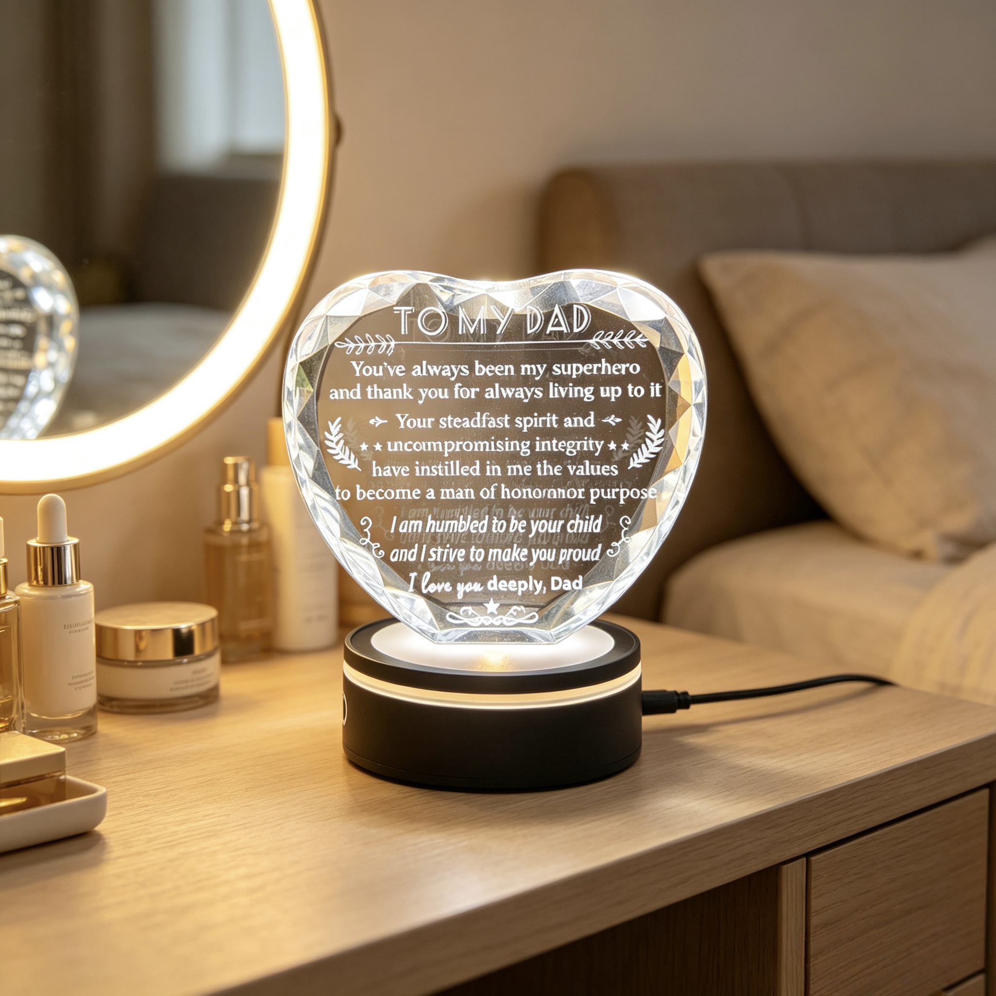 Dad Crystal Heart Keepsake Gift with LED Light Base