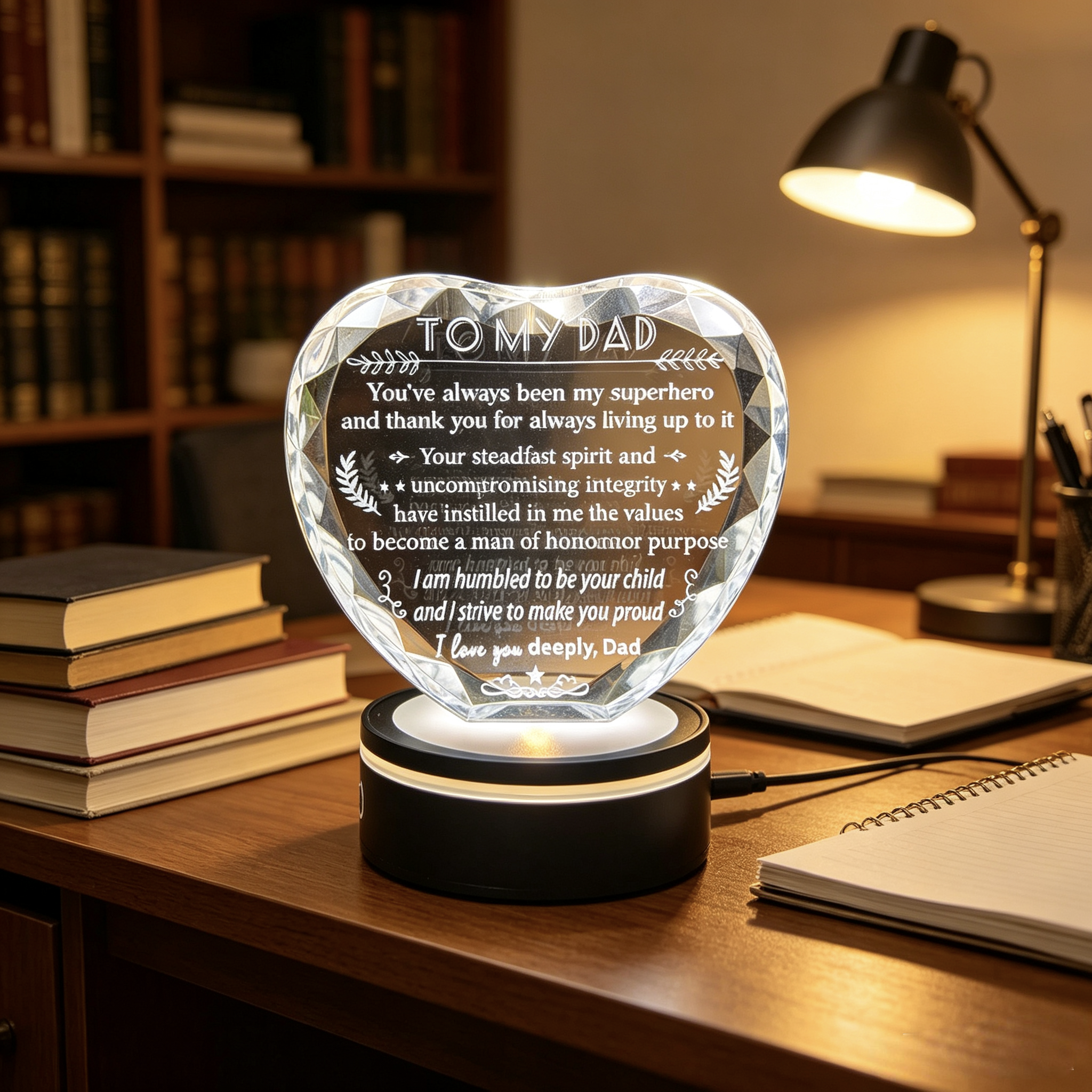 Dad Crystal Heart Keepsake Gift with LED Light Base