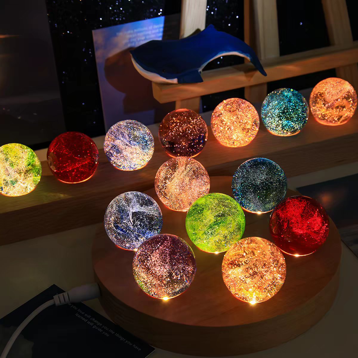 Crystal Ball Set with LED Wooden Stand – Decorative Table Accent
